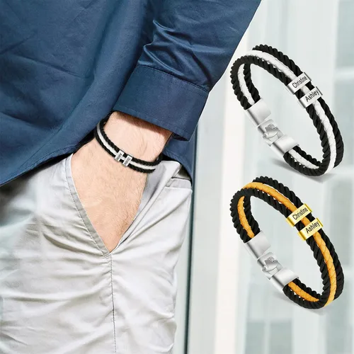 Vista 5 de Pulseras de cuero personalizadas para hombre con 1-6 nombres, pulsera trenzada personalizada con cuentas para papá, marido, día del padre, San