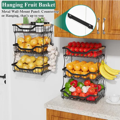 Vista 3 de OKZEST Cesta de frutas de 3 niveles para encimera de cocina, frutero colgante de pared y organizador de encimera de cocina con 2 ganchos de plátano