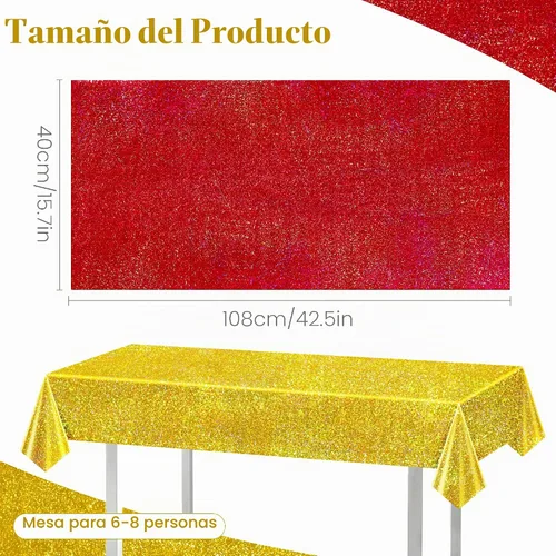 Vista 2 de Mantel de mesa láser de carnaval rojo y dorado de 40" x 108" brillante para Navidad, holográfico, de plástico, para fiestas de cumpleaños