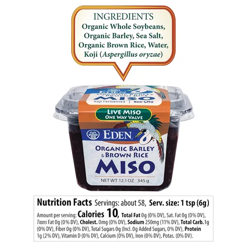 Vista 2 de Eden Pasta de miso orgánica de cebada y arroz integral, Mugi y Genmai, cultura viva, rica en Umami, fabricada en Japón, 12.1 oz (345 g)