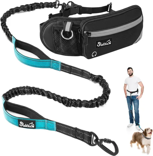 Vista 9 de SlowTon Correa para perro manos libres, con bolsa extraíble con cremallera, cuerda elástica que absorbe los golpes, doble asa y costuras