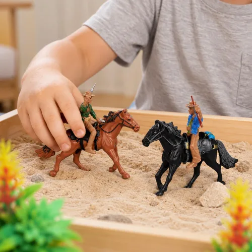 Vista 3 de Cowboy Toys Riding Horse Figurines: 4 piezas de figura de acción de vaquero Western Rodeo Toys - Figuras de caballos de plástico con jinete