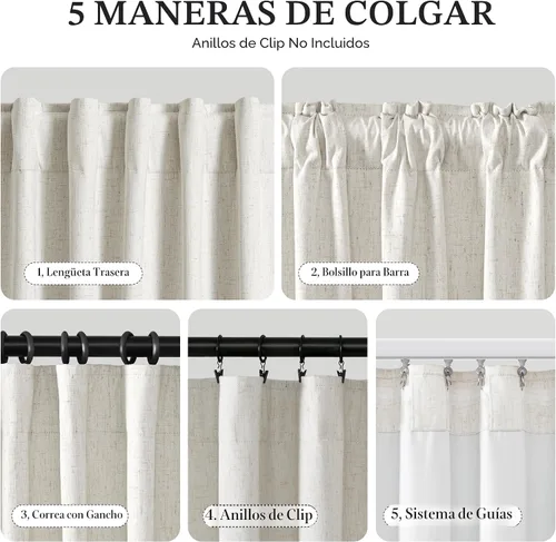 Vista 2 de Joywell 2 cortinas opacas 100%, lino, crema, beige natural, pasabarras/trabillas traseras/cinta con ganchos/anillas con pinzas, aislantes