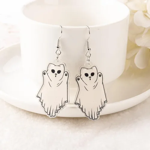 Vista 2 de Aretes colgantes espeluznantes de acrílico para Halloween, creativos, mapache, fantasma, calabaza, gatos, aretes de gota para mujeres y niñas