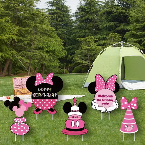 Vista 2 de Suministros para fiesta de cumpleaños de ratón rosa, letrero de ratón de dibujos animados, decoración de cumpleaños, decoración de fiesta