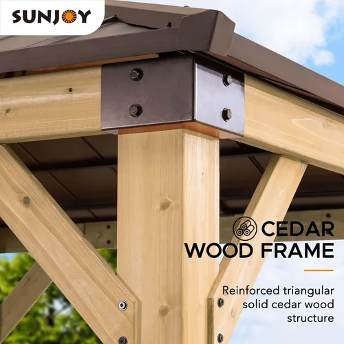 Vista 5 de Kiosco con techo rígido Sunjoy de 9 x 9 pies. Gazebo de madera con estructura de cedro mejorado con techo de acero marrón y policarbonato a dos