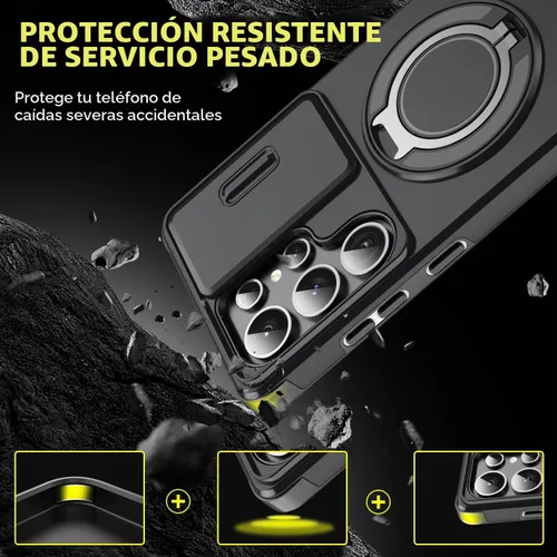 Vista 5 de Funda para Samsung S25 Ultra, con lente de cámara deslizante, soporte de anillo de dedo, resistente a prueba de golpes, funda protectora de grado