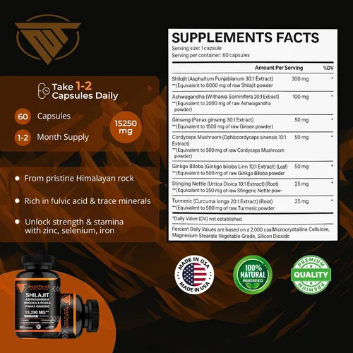 Vista 6 de Shilajit Cápsulas - Suplemento con Ashwagandha, Rhodiola Rosea, Panax Ginseng, Cúrcuma, Champiñones Cordycep, Ginkgo Biloba - 15250Mg - 60 Cápsulas