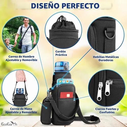 Vista 2 de EcoEarth - Water Bottle Holder with Strap - Water Bottle Carrier Bag for Hiking - Crossbody Hydration Pouch with Phone Holder Negro