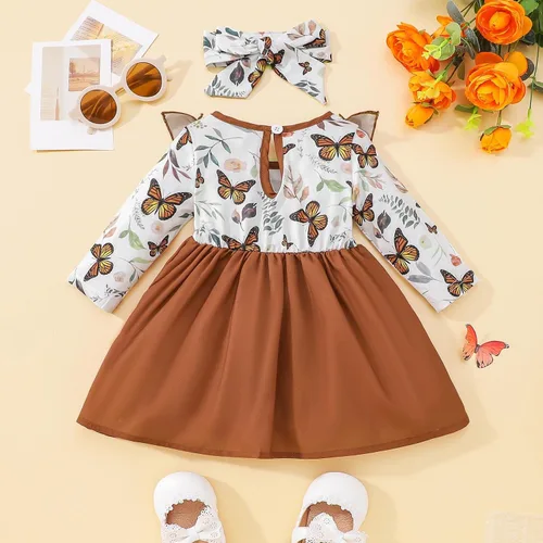 Vista 2 de Vestido de lazo floral para niñas pequeñas lindos vestidos con volantes vestidos de manga larga vestido casual suave para otoño