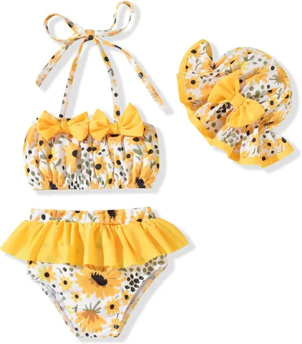 Vista 13 de Aalizzwell Conjunto de bikini de 3 piezas para niñas pequeñas con sombrero Bandera estadounidense