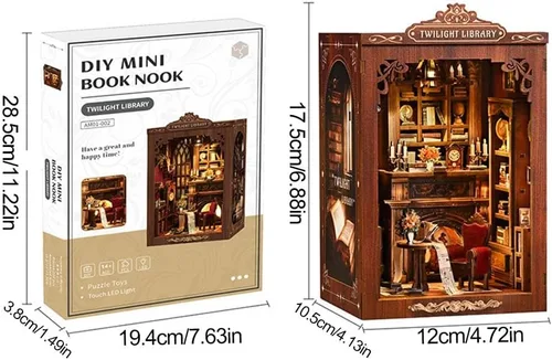 Vista 6 de Kits de rincón de libros para adultos, rompecabezas de madera 3D para casa de muñecas, estantería en miniatura para casa de muñecas, decoración