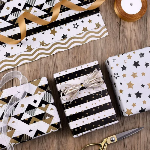Vista 3 de Papel de regalo plegado negro, blanco y dorado, diseño mate, estrellas, rayas, ondulaciones, cuadros para cumpleaños, Navidad, graduaciones, bodas