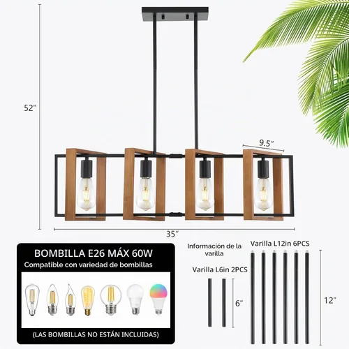 Vista 2 de Iluminación de isla de cocina de 35.4", lámpara de araña de 4 luces para comedor estilo granja, iluminación colgante moderna en negro, luces
