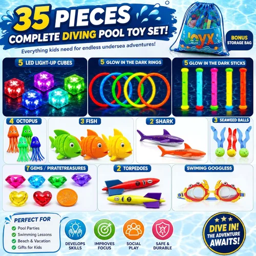 Vista 5 de JoyX - Juego de 35 piezas de juguetes de buceo para piscina con cubos LED, gafas y bolsa de transporte Glow-in-the-dark toys, 5 LED light-up