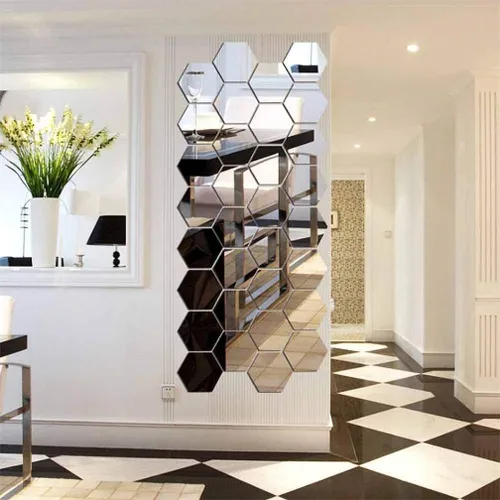 Vista 3 de Pegatinas de pared de espejo sin espejo de cristal, espejo de plástico, 3D, hexagonal, acrílico, decoración de pared, azulejos autoadhesivos