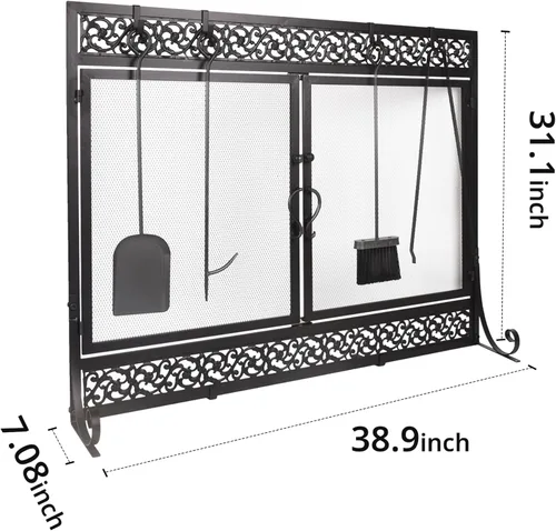 Vista 3 de Pantalla de chimenea de metal de 39 x 31 pulgadas, protector de chispas de dos puertas, diseño decorativo de desplazamiento adecuado para estufa