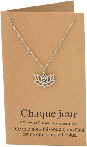 Vista 2 de Quan Jewelry Collar de flor de loto de yoga con símbolo Om, ideas de regalos de feliz cumpleaños para mamá, hija, mujeres con cita inspiradora