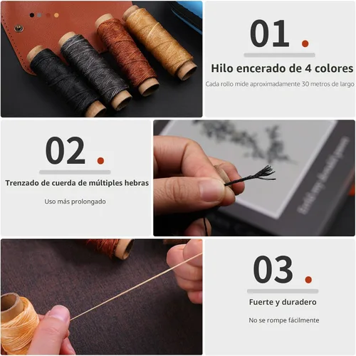 Vista 4 de Kit de costura de cuero MORFEN, kit de costura de cuero con punzón de costura, agujas, hilo encerado, kit de reparación de tapicería, herramientas
