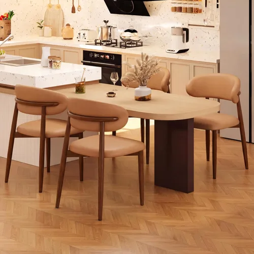 Vista 26 de Juego de 2 sillas de comedor para cocina, tapizadas, modernas, de cuero, original/beige