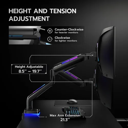 Vista 6 de Brazo de monitor ultraancho para pantalla de 17 a 49 pulgadas de alta resistencia de hasta 44 libras, brazo de monitor único con resorte de gas