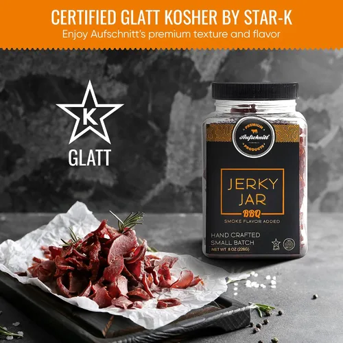 Vista 3 de Aufschnitt Meats - Tarro de carne seca de res alimentada con pasto, apto para Kosher y Keto, idea de regalo, tarro de 8 onzas, barbacoa
