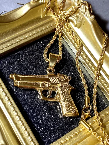 Vista 6 de Colgante de acero inoxidable de 0.098in con diseño de pistola y revólver de pistola para hombre y mujer, colgante de oro, collar de cuerda, colgante