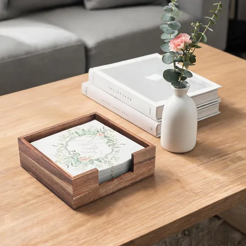 Vista 5 de Servilletero de madera cuadrado, soporte plano para servilletas, bandeja de madera para servilletas de almuerzo para cocina y baño