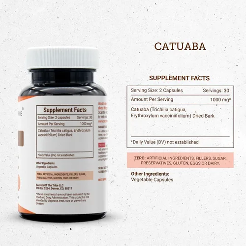 Vista 3 de Secrets of the Tribe Catuaba 60 cápsulas, 1000 mg, corteza seca de erythroxylum catuaba silvestre (60 cápsulas)