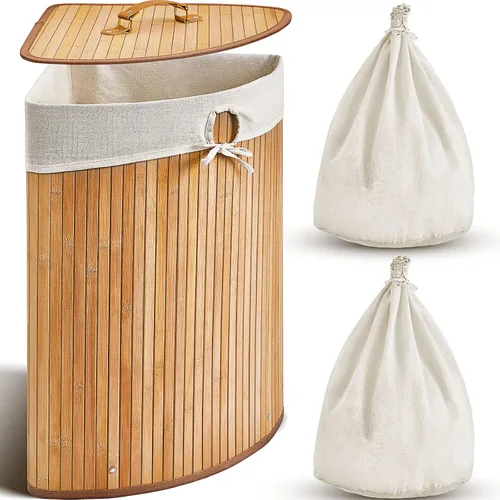 Vista 10 de Gueevin Cesta de bambú de esquina para la ropa sucia con tapa y forro extraíble, cesta de lavandería de bambú con asa, cesta de almacenamiento