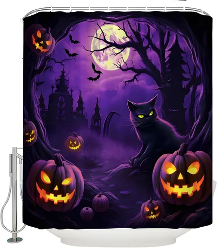 Vista 6 de Cortina de ducha de Halloween, espeluznante gato negro, calabazas aterradoras, luna llena, casa encantada, murciélagos, árbol muerto, cortina