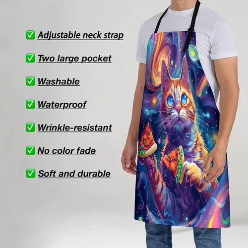 Vista 2 de Cosmic Pizza - Delantal de gato para mujer, 28 x 33 pulgadas, delantales de cocina con 2 bolsillos, poliéster, bonito delantal de gato para cocinar