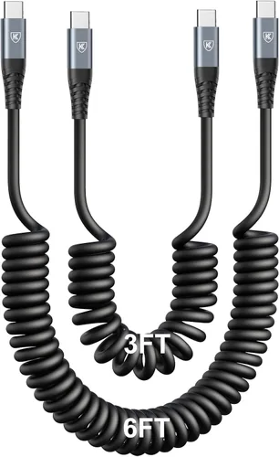 Vista 13 de Cable USB C a C de 3 pies, paquete de 2 cables de carga USB C en espiral para automóvil tipo C, cable de carga rápida para iPhone
