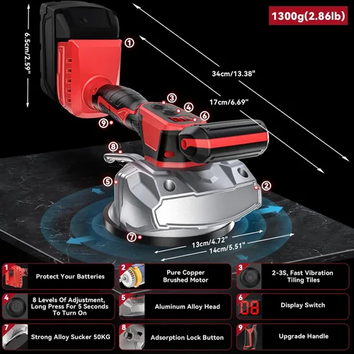 Vista 2 de Ecarke - Herramienta de vibración inalámbrica para azulejos compatible con Milwaukee de 18 V, vibrador portátil de azulejos con ventosa de 8
