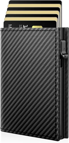 Vista 10 de Cartera para hombre – Cuero minimalista de triple pliegue, funda inteligente para tarjetas emergentes con bloqueo RFID, soporte delgado de metal