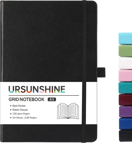 Vista 34 de Cuaderno punteado, diario, 5.3 x 8.26 pulgadas, tapa dura, prémium, papel grueso, doble espiral, bandas, cuero negro sintético, lazo para bolígrafo