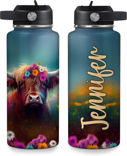 Vista 12 de Hyturtle Botella de agua personalizada de vaca Highland, botella de acero inoxidable aislada con tapa a prueba de fugas, 18 onzas, 32 onzas, regalo