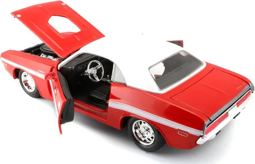 Vista 3 de 1970 Dodge Challenger R/T Coupé Rojo con parte superior blanca y rayas blancas 1/24 Modelo de automóvil fundido a troquel por Maisto