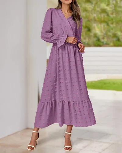 Vista 5 de BTFBM Vestidos de otoño 2023 para mujer, manga larga, cuello en V, lunares suizos, vestido largo bohemio, vestido largo de cintura alta, vestido