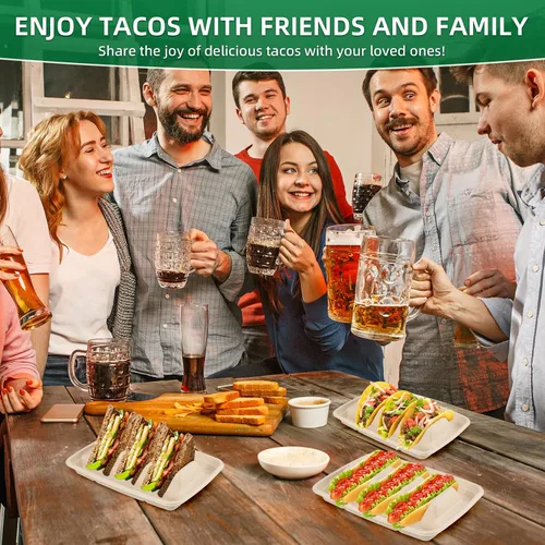 Vista 5 de 25 soportes desechables para tacos para fiestas, platos de taco de fibra de pulpa de bagazo con 3 divisores para reunión, soporte para bandeja