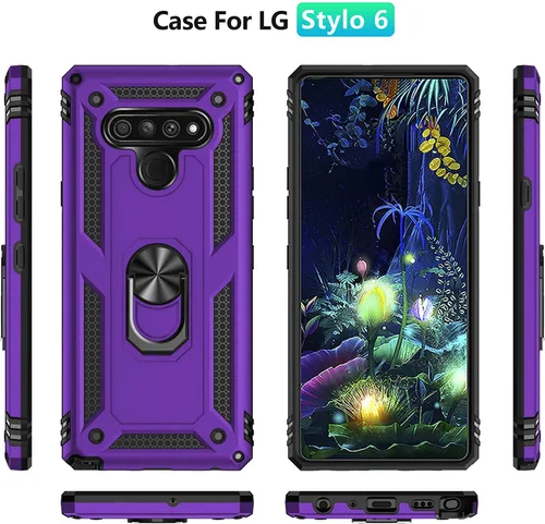 Vista 3 de Funda compatible con LG Stylo 6, con protector de pantalla HD, funda protectora de grado militar con anillo de metal giratorio de 360 grados, funda