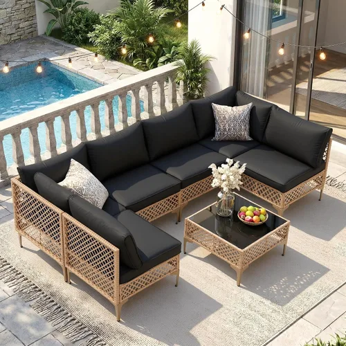 Vista 12 de FHFO 7 Piece Patio Furniture Set, Outdoor Wicker Sectional Sofa Set 1/ Gris Gris Claro