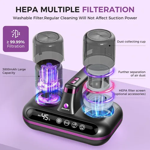 Vista 5 de Amzany Aspirador de colchón – Aspirador de cama inalámbrico 5 en 1, alimentado por tecnología ultrasónica, succión fuerte de 16 Kpa, bajo ruido