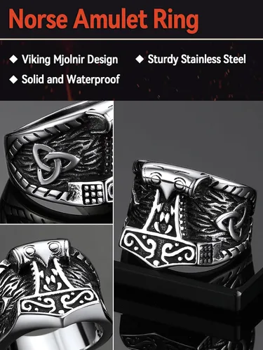 Vista 4 de FaithHeart Norse Viking Jewelry - Anillo de acero inoxidable de guerrero para hombre con diseño vikingo de cabeza de lobomartillo de Thor
