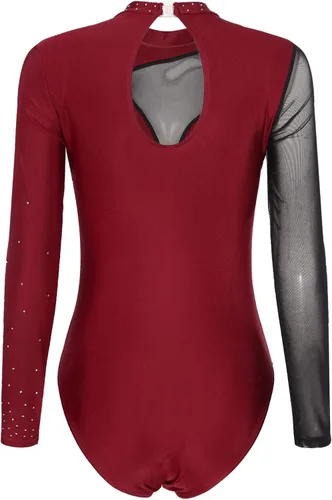 Vista 9 de iiniim Leotardo de malla para mujer, con diamantes de imitación, de malla, de manga larga, leotardos de gimnasia