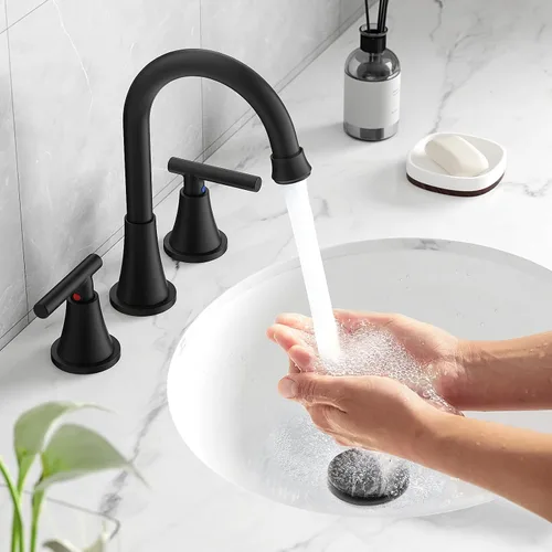 Vista 4 de Hurran - Grifos de baño para fregadero de 3 agujeros, juego central de 4 pulgadas y grifo de lavabo de baño negro mate con drenaje emergente, grifo