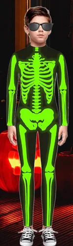 Vista 2 de ALUWU Disfraz de esqueleto de Halloween para niños y niñas, estampado 3D, overol genial para niños, cosplay que brilla en la oscuridad, talla 7 a 8