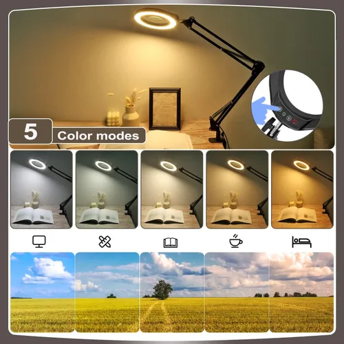 Vista 2 de VEEMAGNI Lupa grande de cristal real de 12 x 5 pulgadas con luz y soporte, 5 modos de color regulable, brazo giratorio largo LED abrazadera lámpara