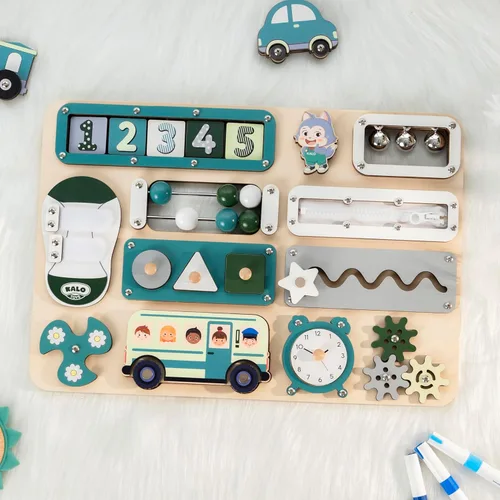 Vista 8 de KALOTOYS Tablero de actividades Montessori grande, juguetes sensoriales para niños de 1, 2, 3 años, habilidades motoras finas y aprendizaje Verde
