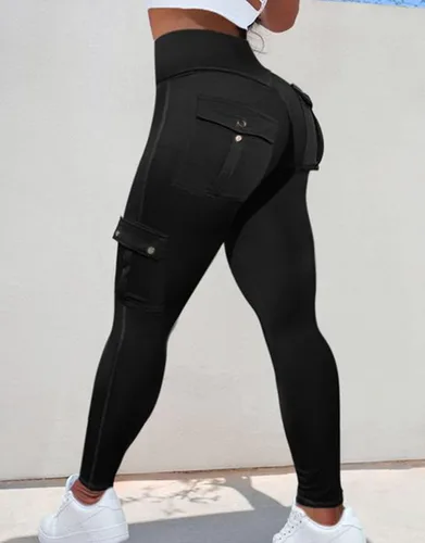 Vista 3 de Flamingals Leggings con levantamiento de glúteos con bolsillos de solapa, leggings cargo de entrenamiento para mujer